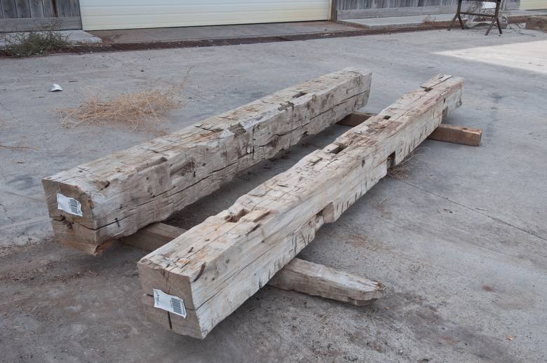 10 x 12 x 10' Hand-Hewn Mantel (left) and about a 9 x 9 x 11' Mantel (right)
